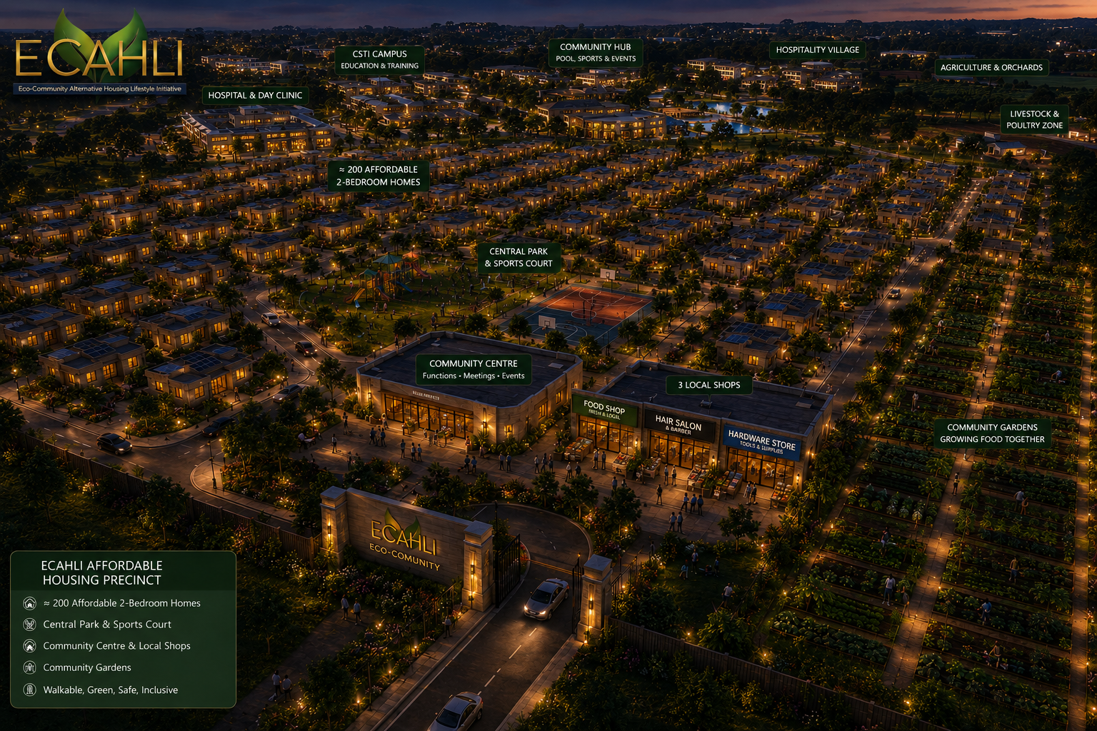 ECAHLI Kisumu — residential development at night, showing community at scale