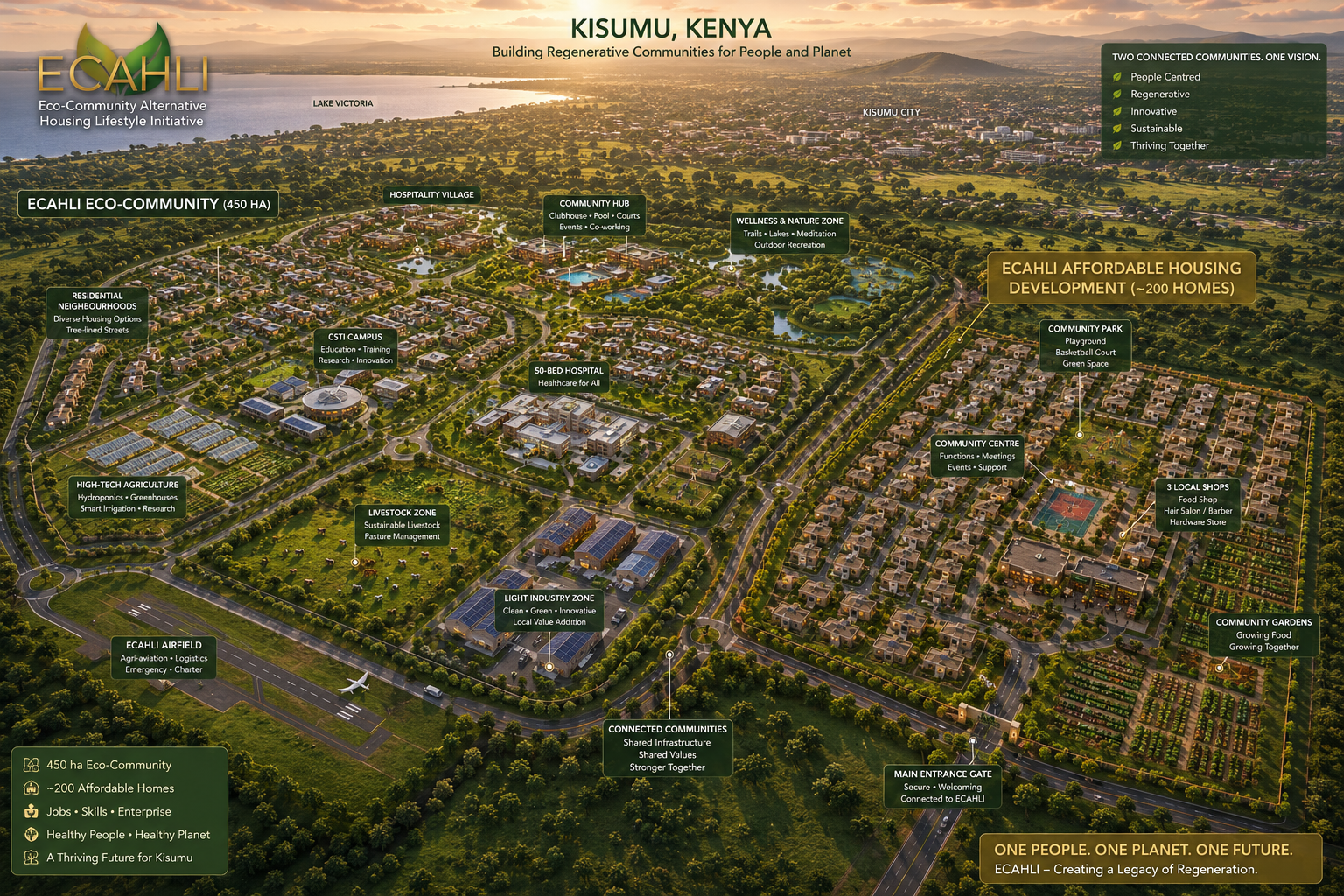 ECAHLI Kisumu — aerial view showing both development zones across 450 hectares