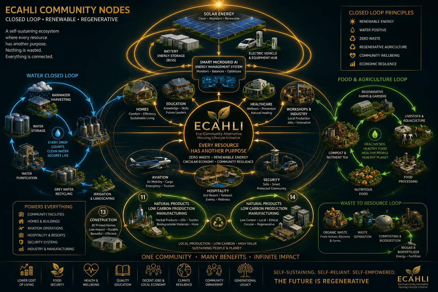 ECAHLI renewable energy system diagram — solar, wind, biogas, hydro, battery storage, and PiggyPower CHP architecture